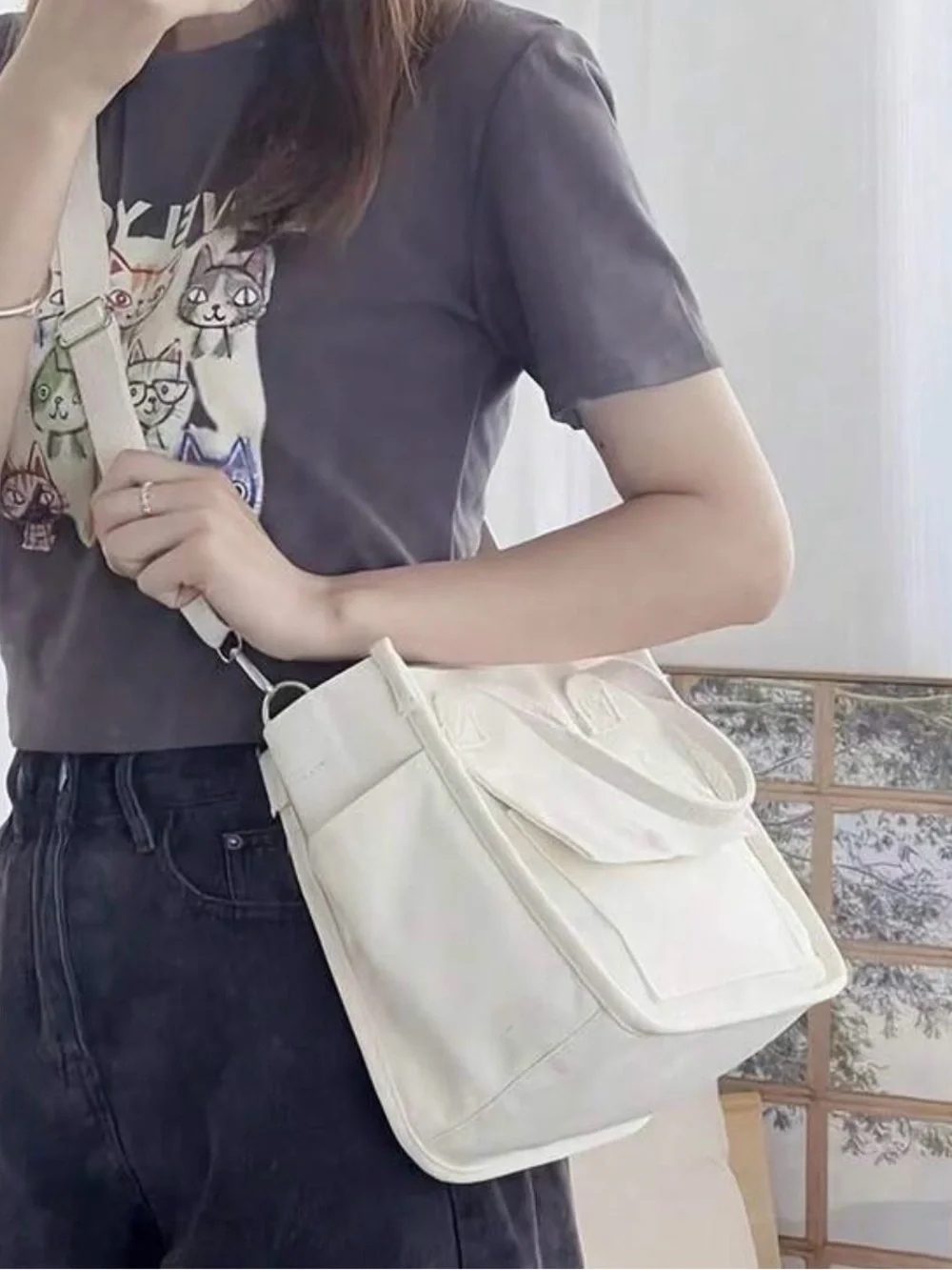 Cream Canvas Crossbody Tote Bag | Multi Pocket Casual Shoulder Bag NWT - Picture 4 of 4